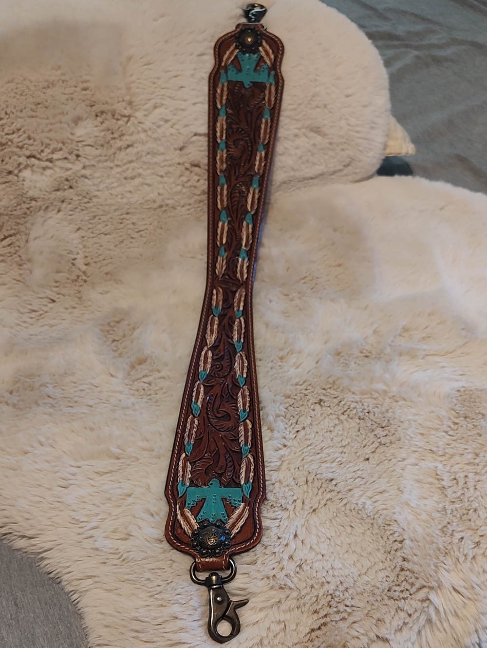 28 Inch American Darling Brown Leather Purse Strap with Turquoise Accents